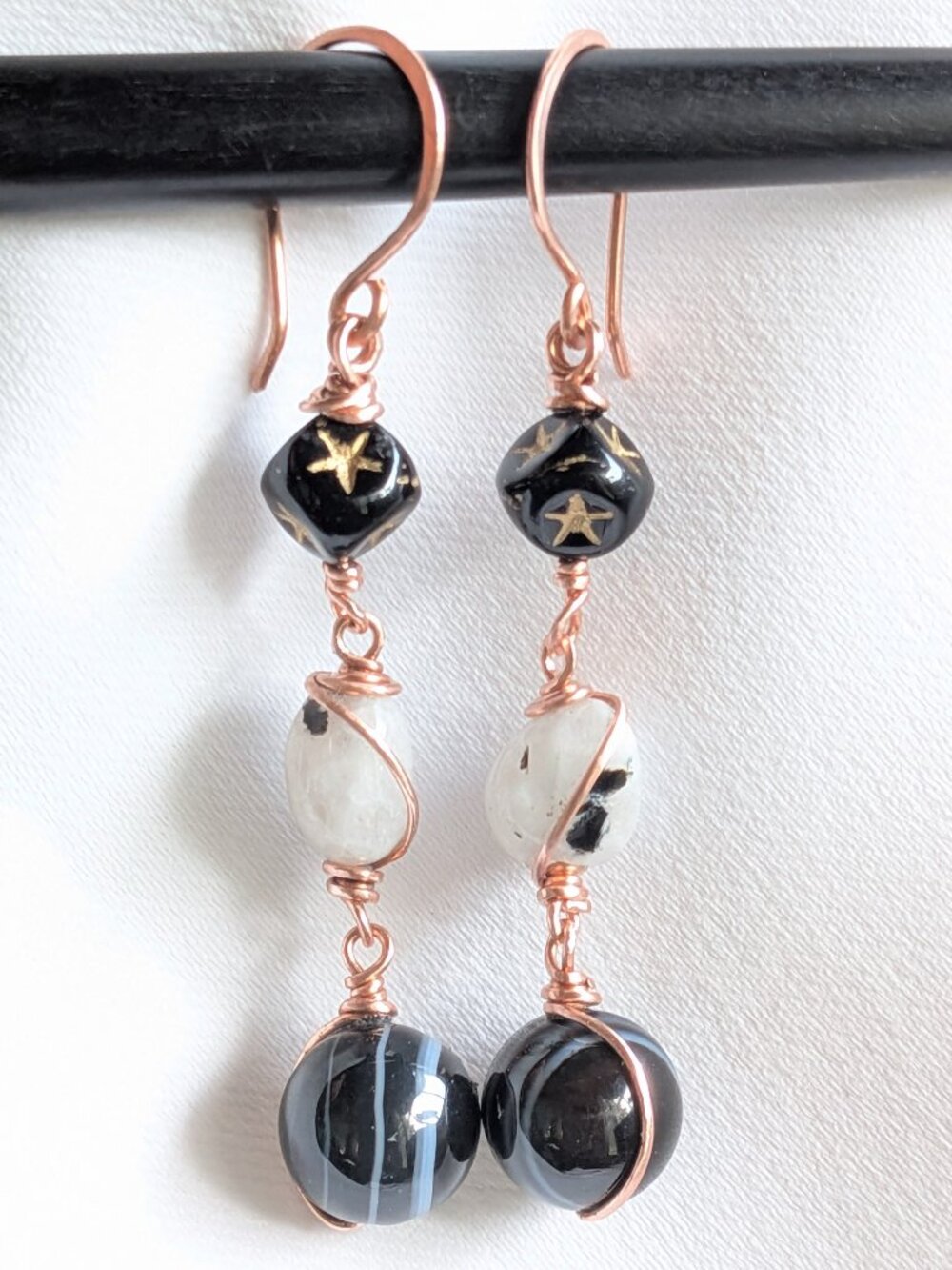 Copper Earrings with Banded Agates, Czech Glass Star Cubes and Moonstones